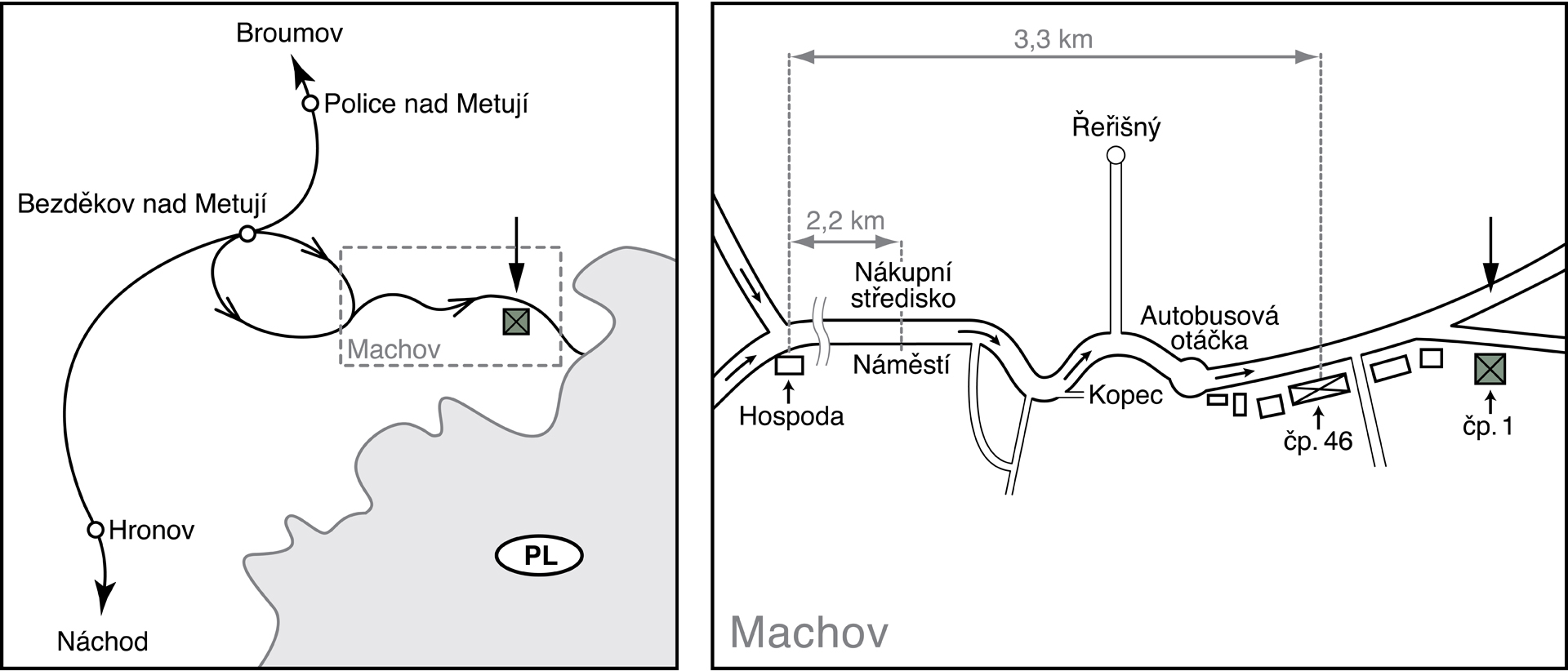 Mapa a pokyny, jak se dostat do ubytování v regionu Náchodsko